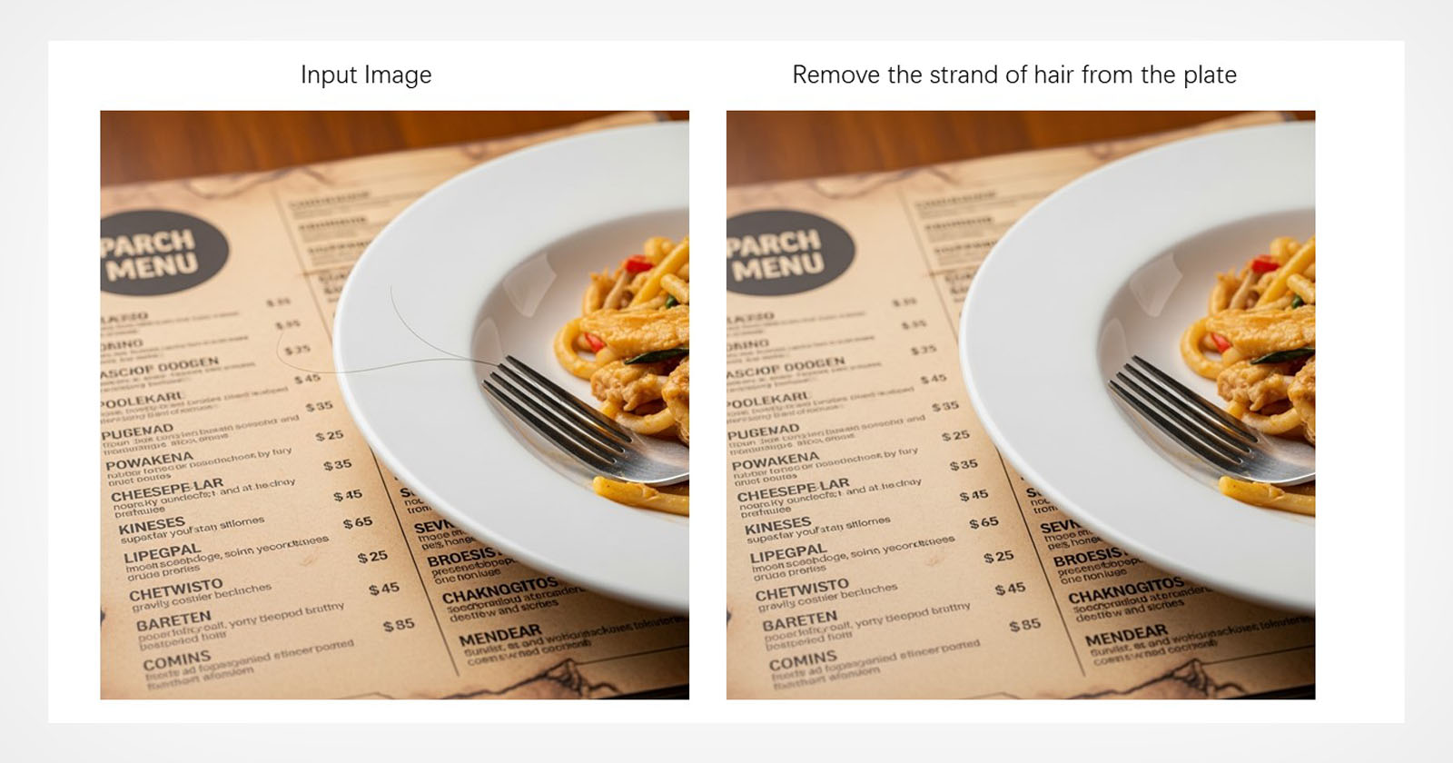 Side-by-side images of a plate of pasta on a menu. The left image shows a strand of hair on the plate; the right image shows the same scene with the hair digitally removed. Side-by-side images of a plate of pasta on a menu. The left image shows a strand of hair on the plate; the right image shows the same scene with the hair digitally removed.