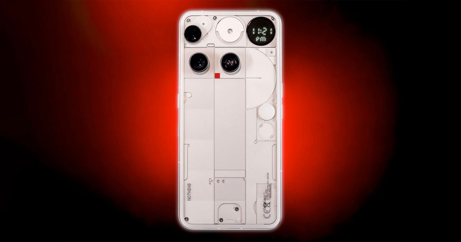 A transparent smartphone with visible internal components is centered on a red and black gradient background, featuring three rear camera lenses and a minimalist design. A transparent smartphone with visible internal components is centered on a red and black gradient background, featuring three rear camera lenses and a minimalist design.
