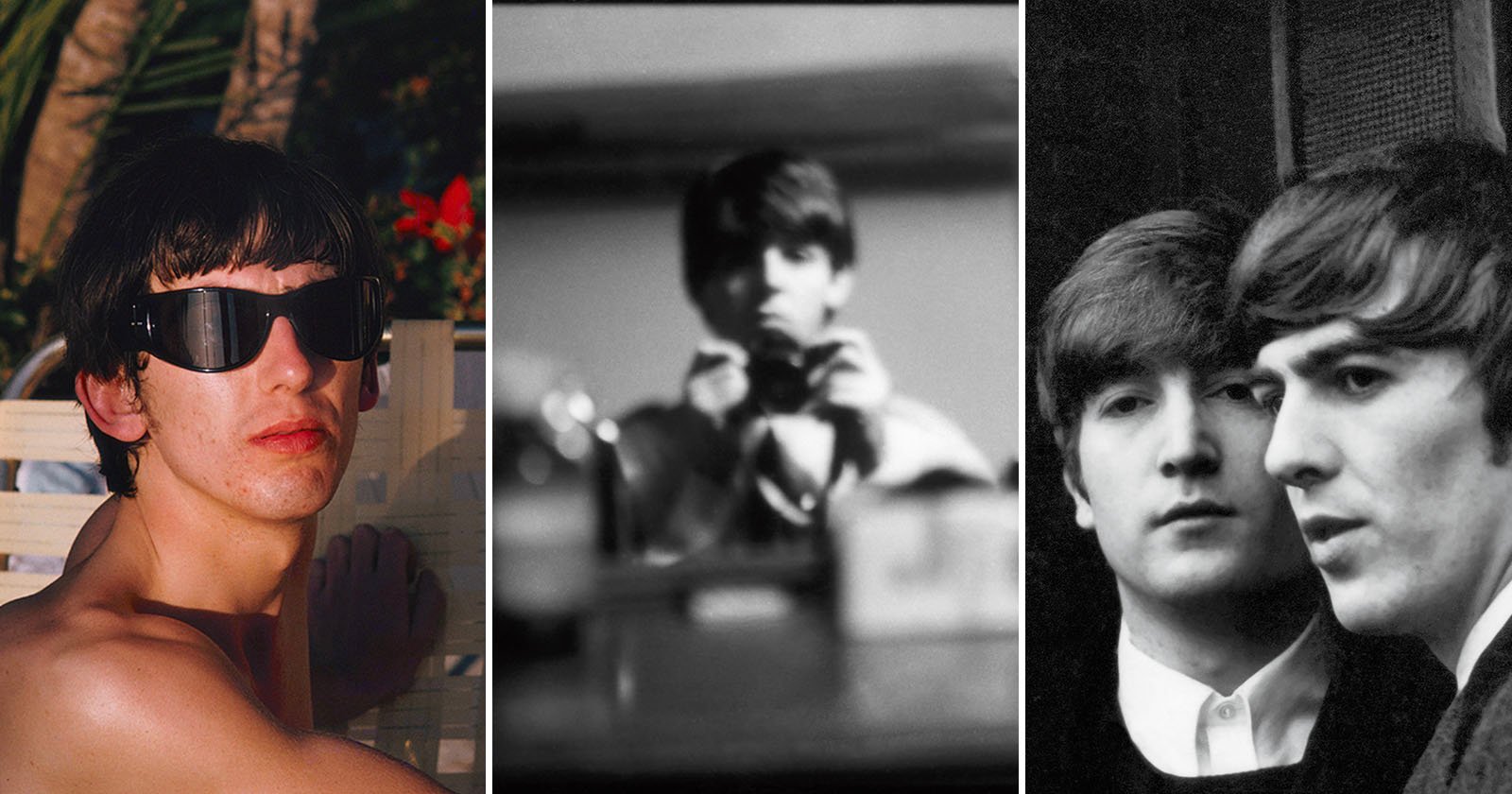 A collage of three photos: a young man wearing large sunglasses, a blurry black-and-white self-portrait with a camera, and a close-up of two young men with serious expressions in black and white. A collage of three photos: a young man wearing large sunglasses, a blurry black-and-white self-portrait with a camera, and a close-up of two young men with serious expressions in black and white.