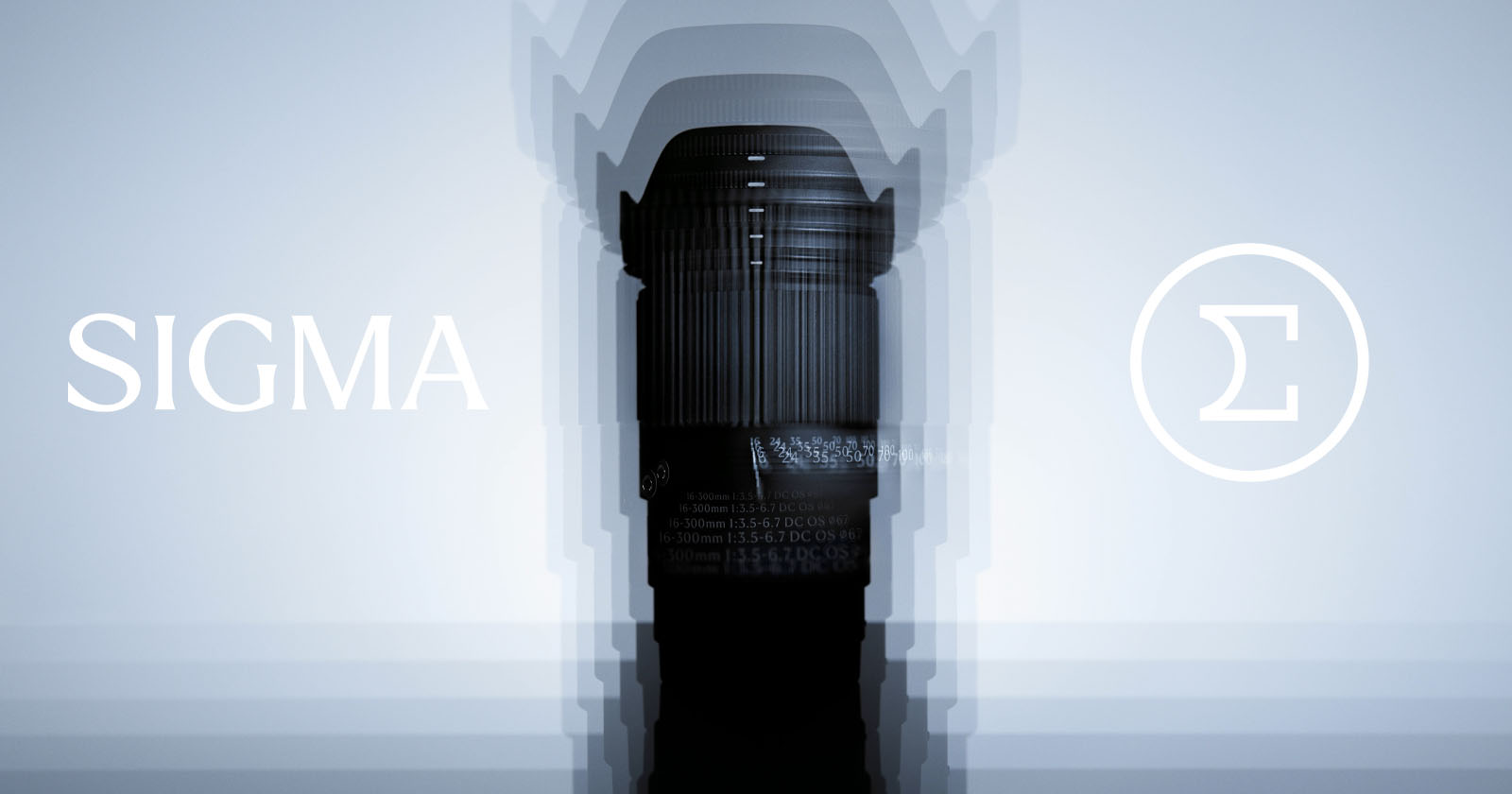 A Sigma camera lens stands upright in the center with a layered blur effect. SIGMA is written on the left and the Sigma logo (Greek letter sigma) in a circle appears on the right, all on a light blue background. A Sigma camera lens stands upright in the center with a layered blur effect. SIGMA is written on the left and the Sigma logo (Greek letter sigma) in a circle appears on the right, all on a light blue background.