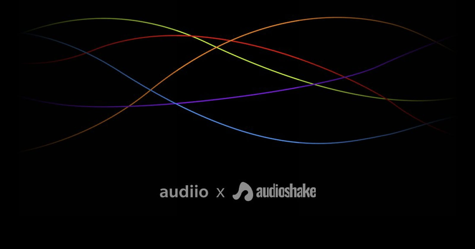 Colorful intersecting neon lines curve across a black background, with the logos “audiio” and “audioshake” in white near the bottom center, separated by an “x”. Colorful intersecting neon lines curve across a black background, with the logos “audiio” and “audioshake” in white near the bottom center, separated by an “x”.