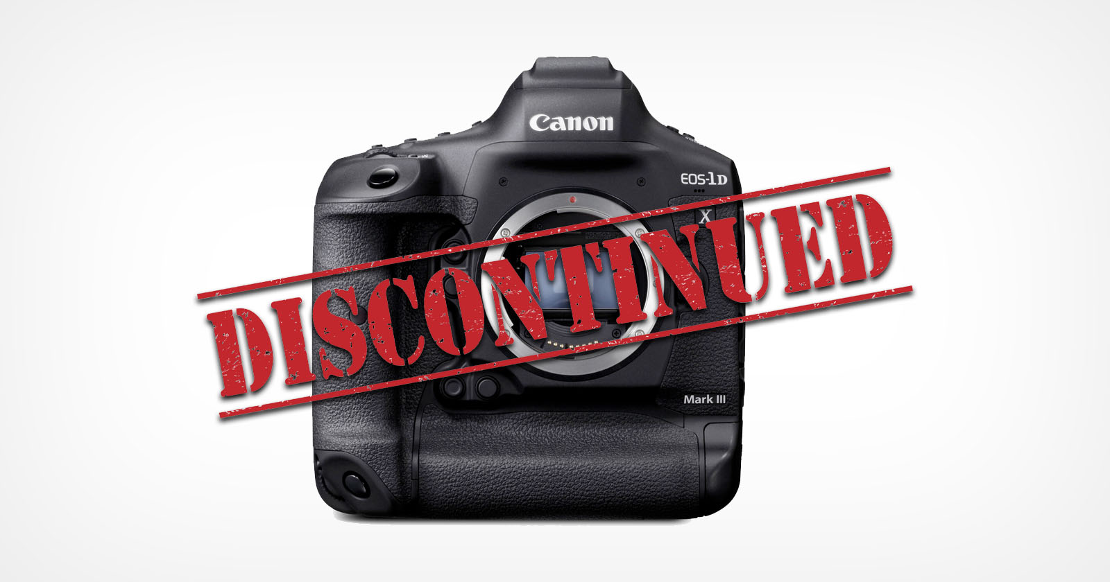 A Canon EOS-1D camera body is shown with a large red DISCONTINUED stamp across it on a white background. A Canon EOS-1D camera body is shown with a large red DISCONTINUED stamp across it on a white background.