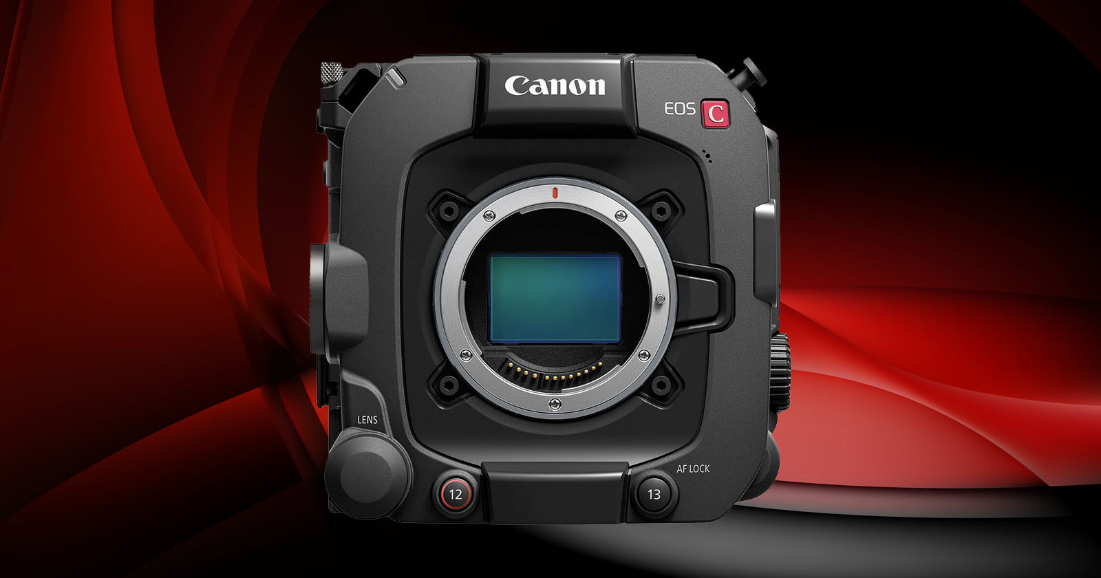 Front view of a Canon EOS cinema camera body without a lens, displaying the sensor and mount, against a dynamic red and black abstract background. Front view of a Canon EOS cinema camera body without a lens, displaying the sensor and mount, against a dynamic red and black abstract background.