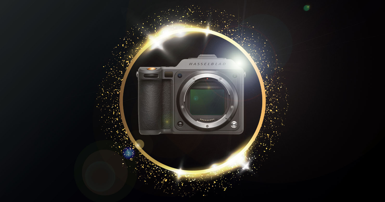 A black Hasselblad camera with no lens is centered inside a glowing golden ring with sparkles and light effects on a dark background. A black Hasselblad camera with no lens is centered inside a glowing golden ring with sparkles and light effects on a dark background.