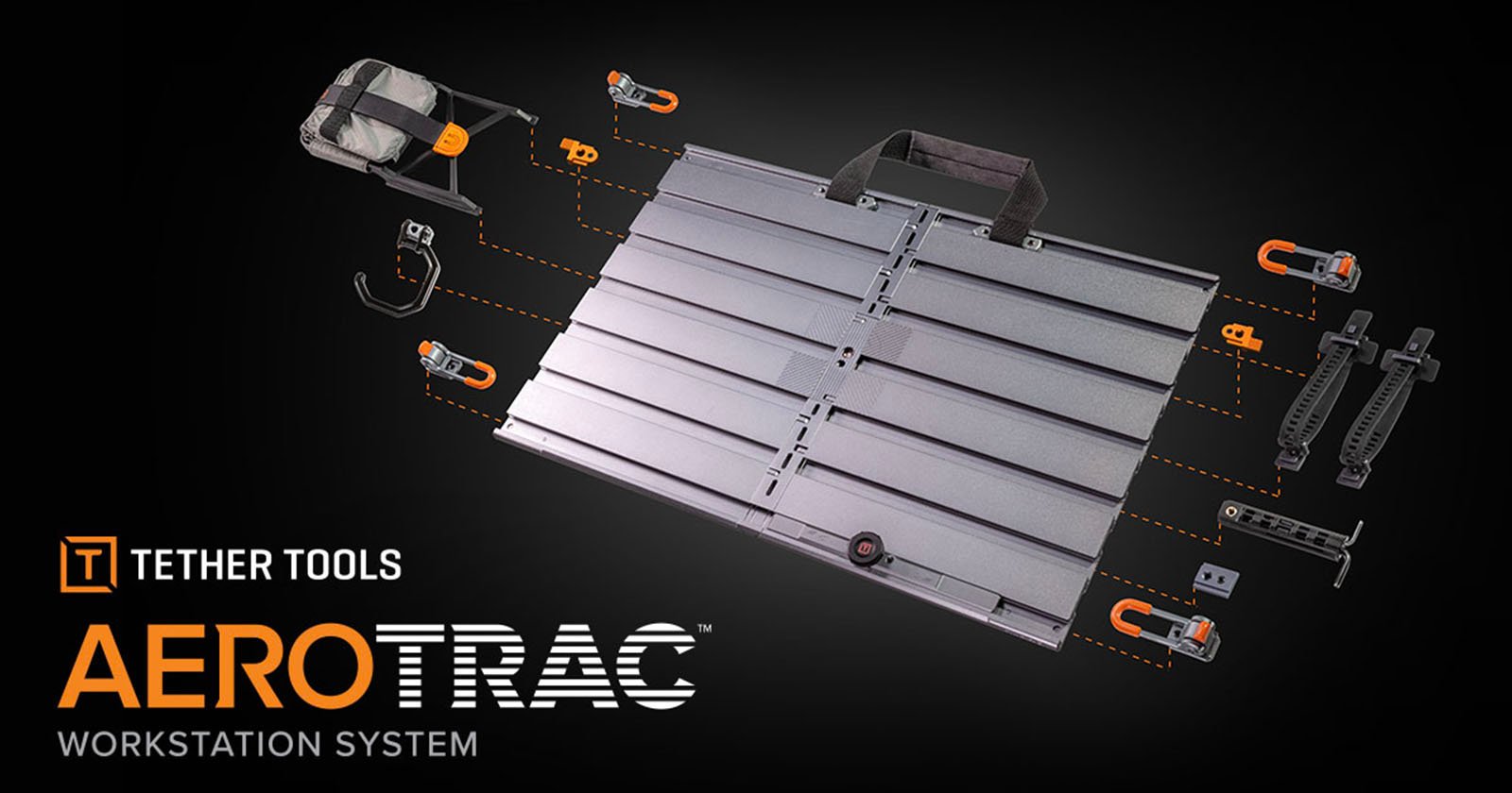A metallic workstation system with grooves is surrounded by various orange and black mounting accessories. The logo reads Tether Tools AeroTrac Workstation System on a dark background. A metallic workstation system with grooves is surrounded by various orange and black mounting accessories. The logo reads Tether Tools AeroTrac Workstation System on a dark background.