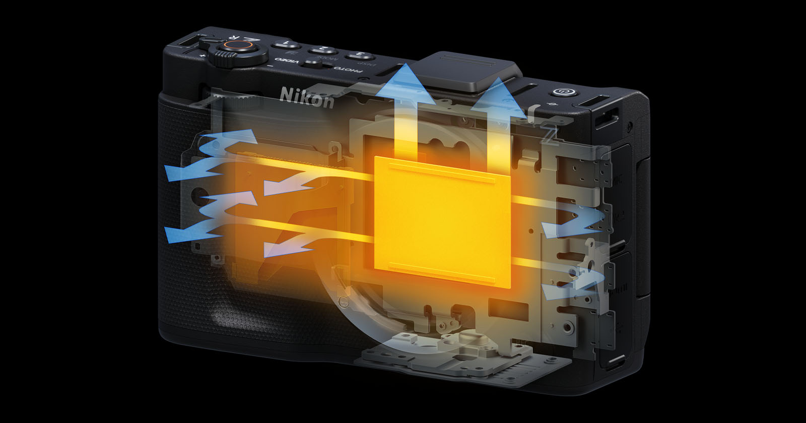 A diagram of a Nikon camera with a semi-transparent view showing airflow around an internal component, highlighted in bright orange and yellow, with blue arrows indicating heat dissipation. A diagram of a Nikon camera with a semi-transparent view showing airflow around an internal component, highlighted in bright orange and yellow, with blue arrows indicating heat dissipation.
