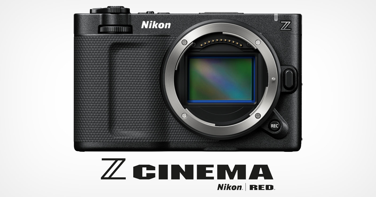 A black Nikon Z camera body without a lens is centered on a white background, with Z CINEMA Nikon | RED. text below it in bold black letters. A black Nikon Z camera body without a lens is centered on a white background, with Z CINEMA Nikon | RED. text below it in bold black letters.