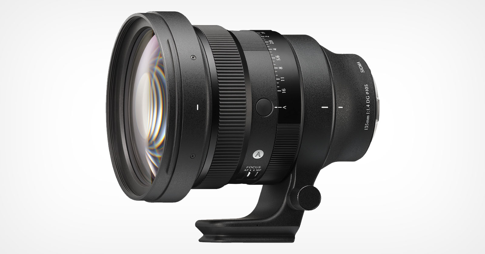 A large black Sigma camera lens with a wide front element, focus and aperture rings, adjustment markings, and a lens mount foot, displayed on a white background. A large black Sigma camera lens with a wide front element, focus and aperture rings, adjustment markings, and a lens mount foot, displayed on a white background.