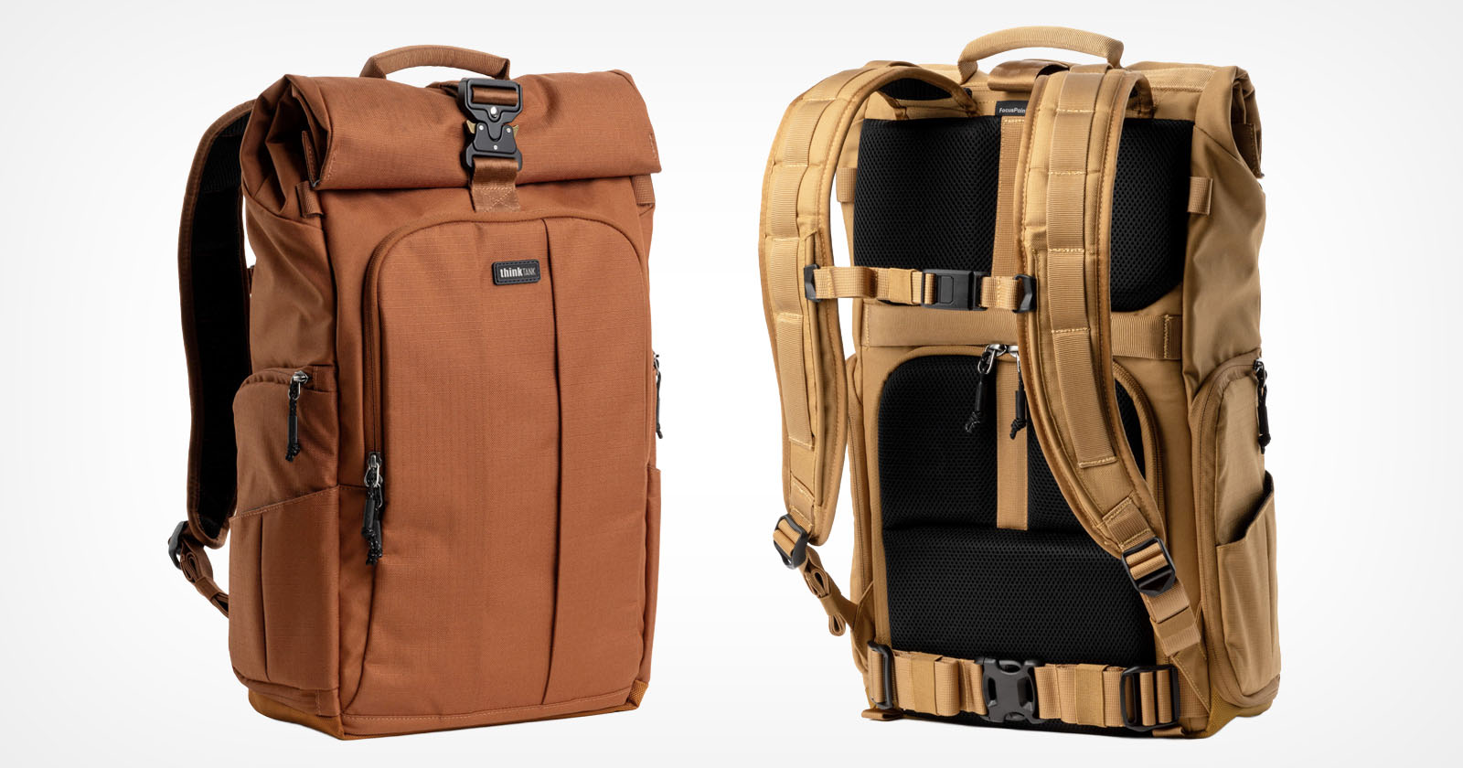 Two durable backpacks are shown: the left one in brown displayed from the front with a roll-top closure, and the right one in tan shown from the back, highlighting padded straps and back panel. Two durable backpacks are shown: the left one in brown displayed from the front with a roll-top closure, and the right one in tan shown from the back, highlighting padded straps and back panel.