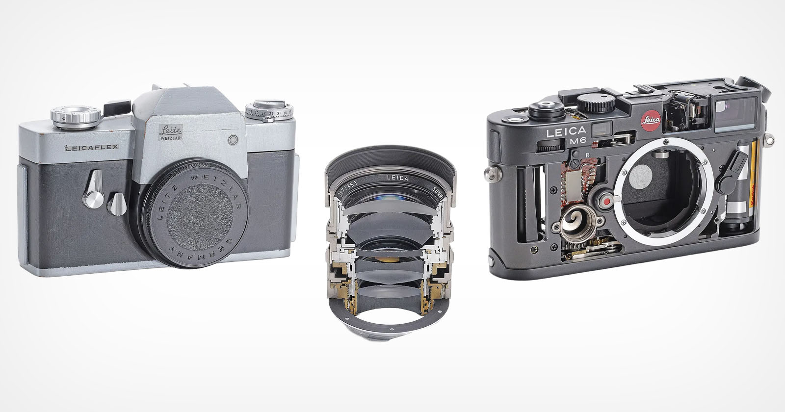 Three objects: a vintage silver and black camera, a cutaway view of a camera lens showing internal elements, and a black camera with its body partially cut away to reveal internal mechanisms. Three objects: a vintage silver and black camera, a cutaway view of a camera lens showing internal elements, and a black camera with its body partially cut away to reveal internal mechanisms.