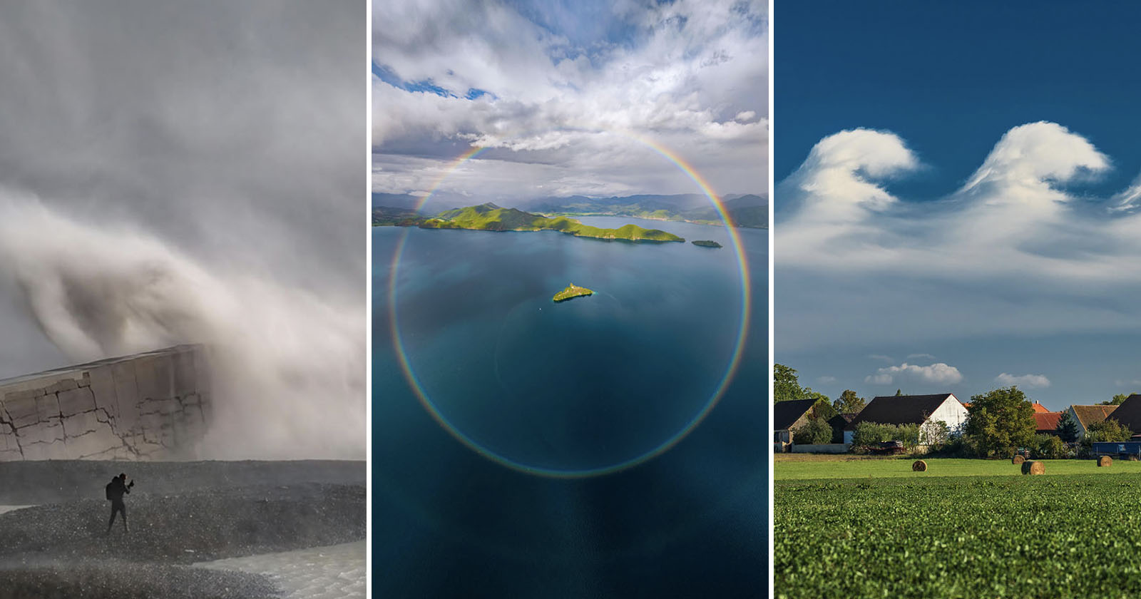 Three photos: a person stands near a massive crashing wave; an aerial view of an island surrounded by a circular rainbow; and rare wave-shaped clouds above houses in a grassy field under a blue sky. Three photos: a person stands near a massive crashing wave; an aerial view of an island surrounded by a circular rainbow; and rare wave-shaped clouds above houses in a grassy field under a blue sky.