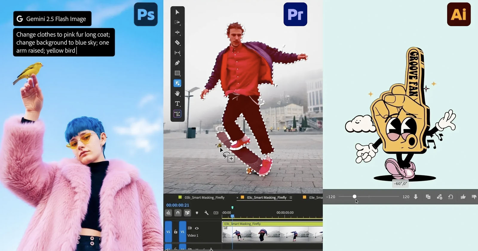 A split-screen shows Photoshop editing a person in a pink coat, Premiere Pro selecting a dancing person, and Illustrator displaying a cartoon key character with arms, legs, and clouds. A split-screen shows Photoshop editing a person in a pink coat, Premiere Pro selecting a dancing person, and Illustrator displaying a cartoon key character with arms, legs, and clouds.