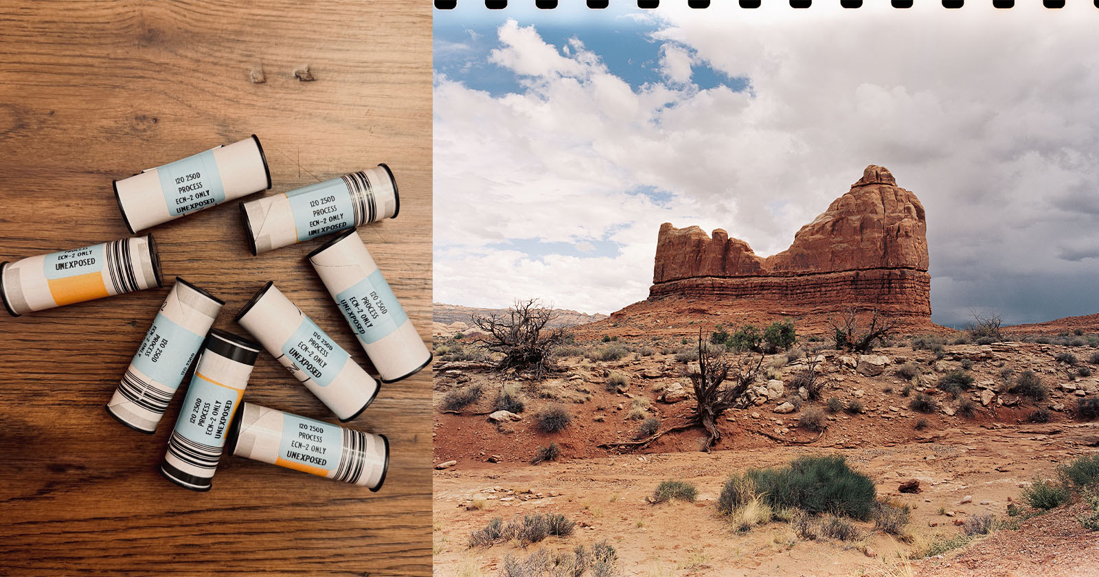 Seven film canisters on a wooden surface next to a scenic photo of a rocky desert landscape with a large rock formation, sparse vegetation, and a cloudy sky. The photo has a film strip edge at the top. Seven film canisters on a wooden surface next to a scenic photo of a rocky desert landscape with a large rock formation, sparse vegetation, and a cloudy sky. The photo has a film strip edge at the top.