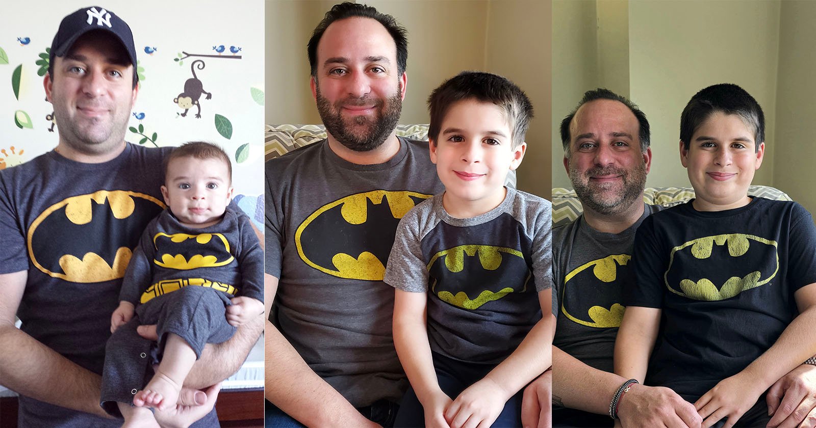 A man and a boy are seen in three side-by-side photos over time, both wearing Batman t-shirts. The boy grows older in each photo, and they smile together in a cozy home setting. A man and a boy are seen in three side-by-side photos over time, both wearing Batman t-shirts. The boy grows older in each photo, and they smile together in a cozy home setting.