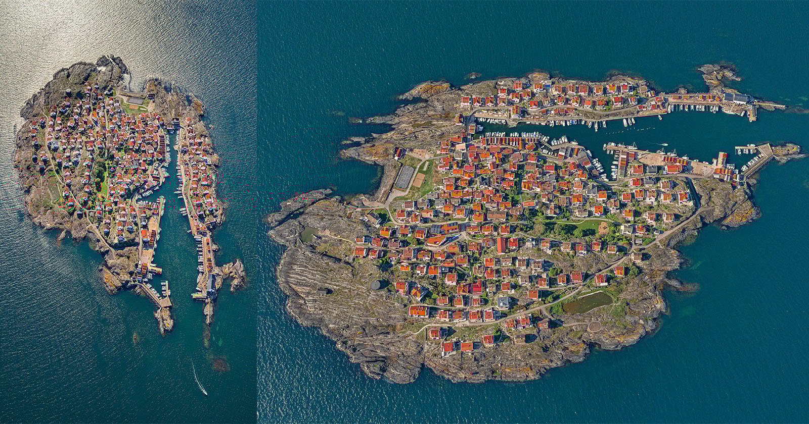 Aerial view of two rocky islands with dense clusters of red-roofed houses surrounded by deep blue water; the left island is smaller, while the right island is larger with more buildings and green patches. Aerial view of two rocky islands with dense clusters of red-roofed houses surrounded by deep blue water; the left island is smaller, while the right island is larger with more buildings and green patches.