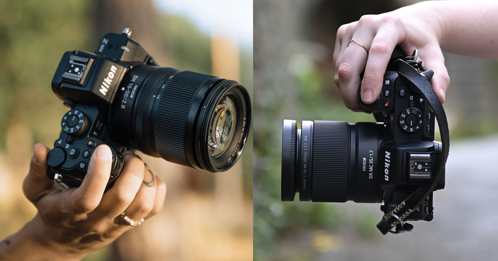 Two hands holding Nikon cameras outdoors; the left side shows a camera angled upward, while the right side shows a camera held from above, both with attached zoom lenses. Two hands holding Nikon cameras outdoors; the left side shows a camera angled upward, while the right side shows a camera held from above, both with attached zoom lenses.