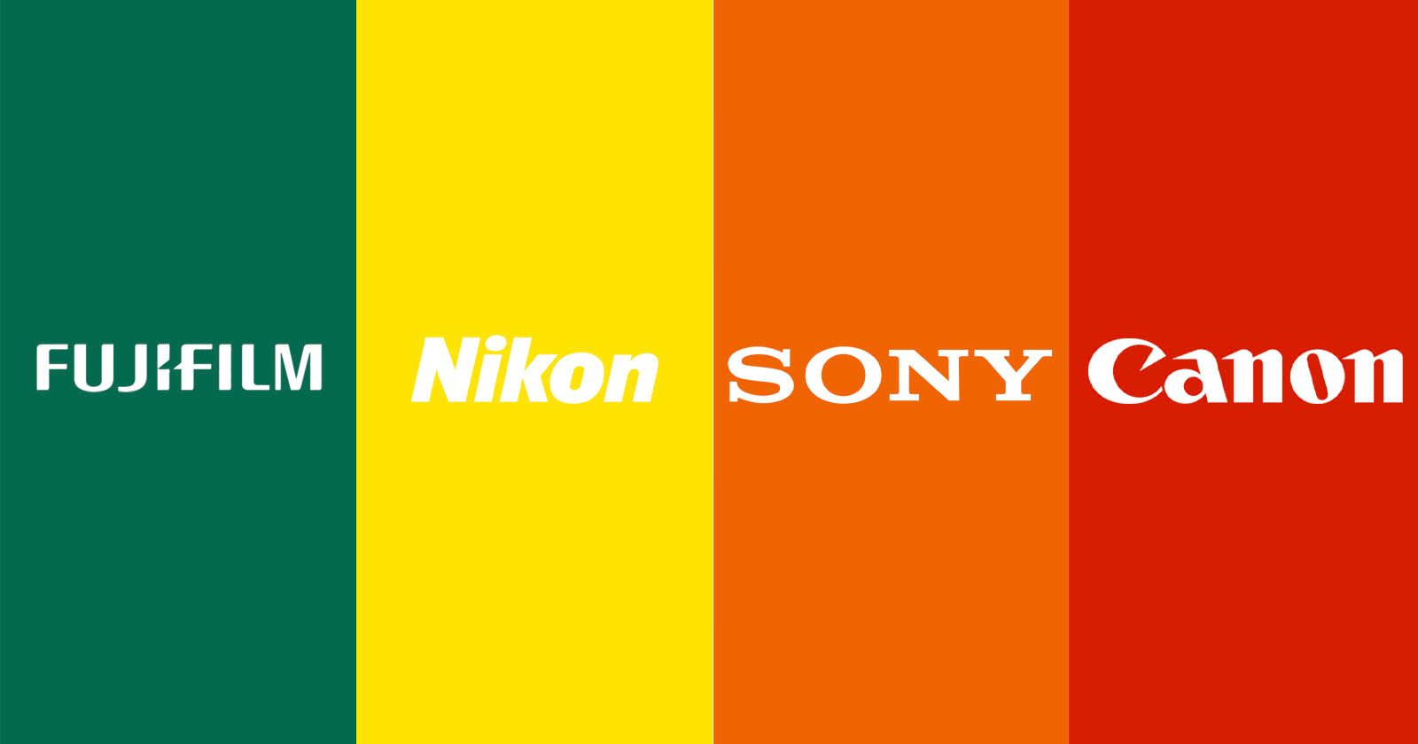 Four vertical color stripes with camera brand names: Fujifilm on green, Nikon on yellow, Sony on orange, and Canon on red, each in their distinctive logo fonts. Four vertical color stripes with camera brand names: Fujifilm on green, Nikon on yellow, Sony on orange, and Canon on red, each in their distinctive logo fonts.