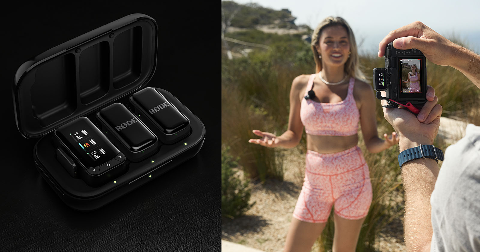 A black wireless microphone kit is shown in a charging case on the left. On the right, a woman in pink athletic wear is being filmed outdoors, wearing a clip-on mic while talking to the camera. A black wireless microphone kit is shown in a charging case on the left. On the right, a woman in pink athletic wear is being filmed outdoors, wearing a clip-on mic while talking to the camera.