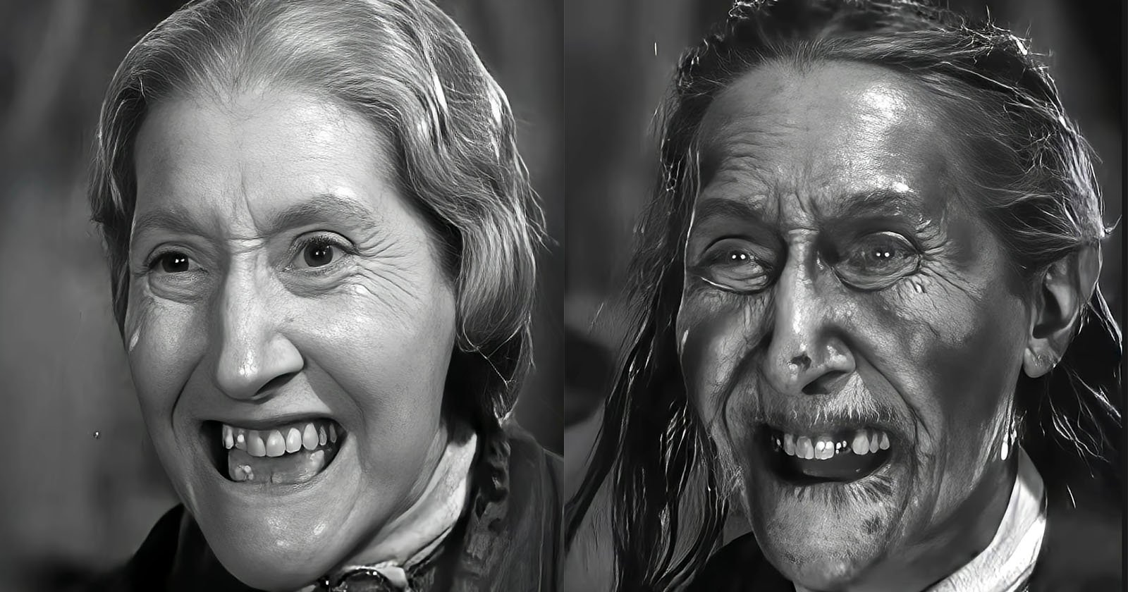 A split-screen image shows the same elderly woman. On the left, she smiles cheerfully with tidy hair and clean face; on the right, she appears distressed, with messy hair and a dark, dirty face, both in black and white. A split-screen image shows the same elderly woman. On the left, she smiles cheerfully with tidy hair and clean face; on the right, she appears distressed, with messy hair and a dark, dirty face, both in black and white.