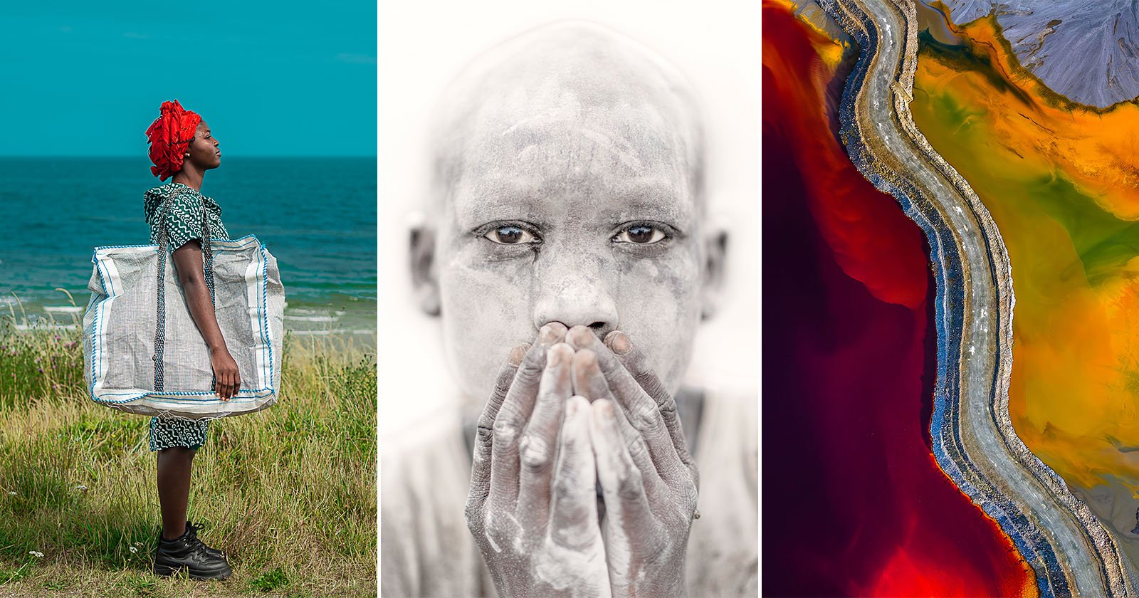 A triptych: Left, a woman with a red headwrap stands by the sea carrying a large bag; center, a person with white powder on their face covers their mouth; right, an aerial view of vibrant, multicolored land formations. A triptych: Left, a woman with a red headwrap stands by the sea carrying a large bag; center, a person with white powder on their face covers their mouth; right, an aerial view of vibrant, multicolored land formations.