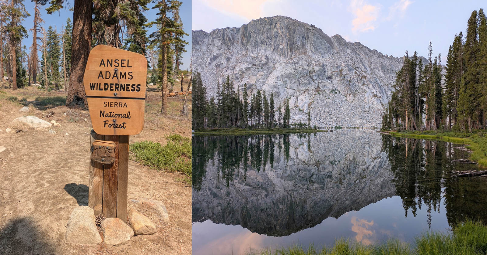 A wooden sign reads “Ansel Adams Wilderness, Sierra National Forest” among tall pine trees. Next to it, a serene lake reflects a rocky mountain and more pines under a partly cloudy sky. A wooden sign reads “Ansel Adams Wilderness, Sierra National Forest” among tall pine trees. Next to it, a serene lake reflects a rocky mountain and more pines under a partly cloudy sky.