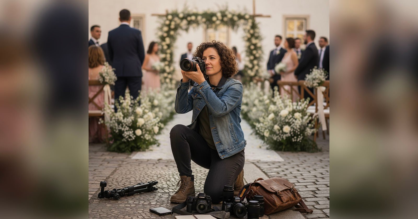 A woman kneels with a camera, photographing a wedding ceremony outdoors. She is surrounded by camera equipment, with guests, floral arrangements, and a decorated archway visible in the background. A woman kneels with a camera, photographing a wedding ceremony outdoors. She is surrounded by camera equipment, with guests, floral arrangements, and a decorated archway visible in the background.