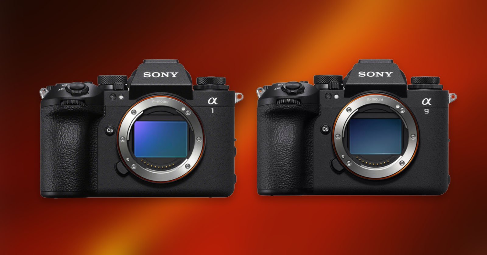 Two Sony mirrorless cameras, the Alpha 1 (left) and Alpha 9 (right), displayed side by side against a red and orange gradient background. Both cameras are shown without lenses, revealing their sensors. Two Sony mirrorless cameras, the Alpha 1 (left) and Alpha 9 (right), displayed side by side against a red and orange gradient background. Both cameras are shown without lenses, revealing their sensors.