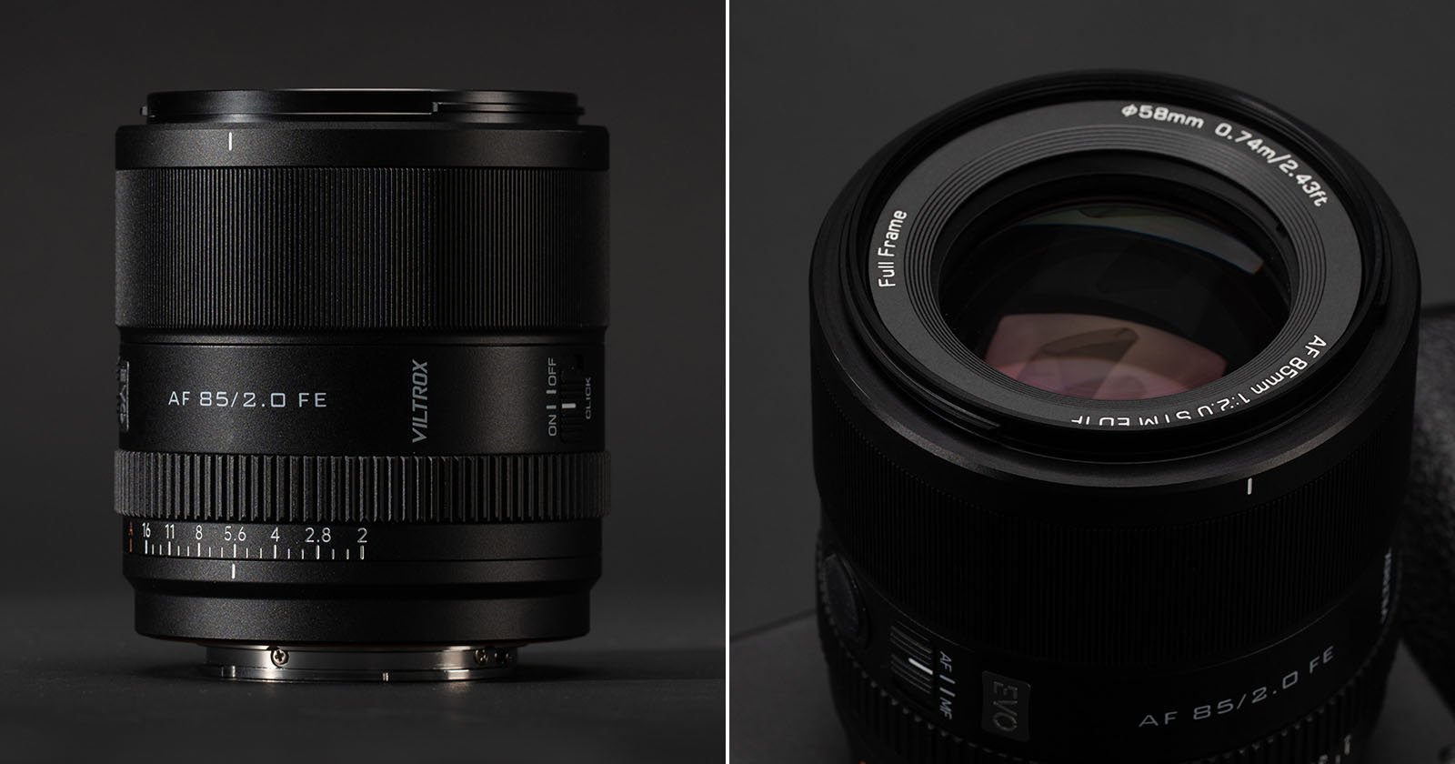 Side-by-side images of a Viltrox 85mm f/2.0 FE camera lens; one shows the lens upright highlighting focus and aperture rings, the other shows a top view with glass elements and text details visible. Side-by-side images of a Viltrox 85mm f/2.0 FE camera lens; one shows the lens upright highlighting focus and aperture rings, the other shows a top view with glass elements and text details visible.